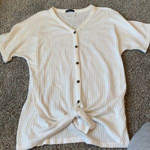 White waffle stretch, button down and front tie top!